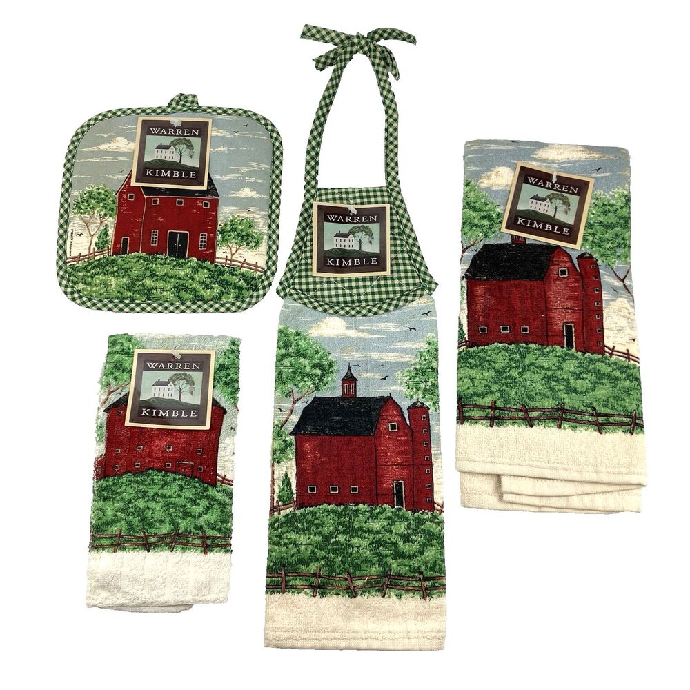 Warren Kimble Red Barn Tapestry Kitchen Set | Farmhouse Design Apron Towel VTG